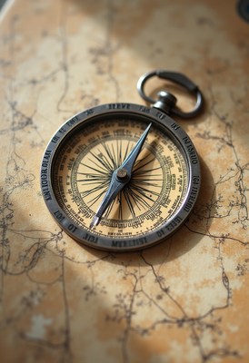 Vintage compass rests on an old map with intricate details