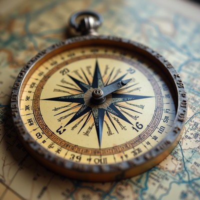 Compass resting on an antique map in soft lighting