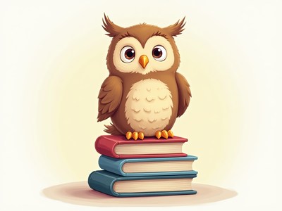 Owl stands on stacked books in a cozy setting