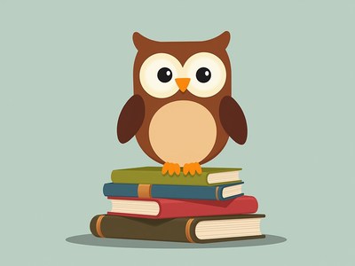 Owl standing on colorful books in a cozy setting
