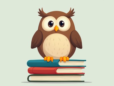 Owl sitting on a stack of colorful books