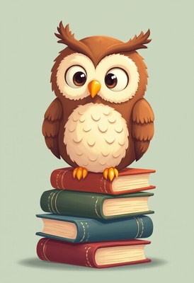 Cute owl character perched on colorful books