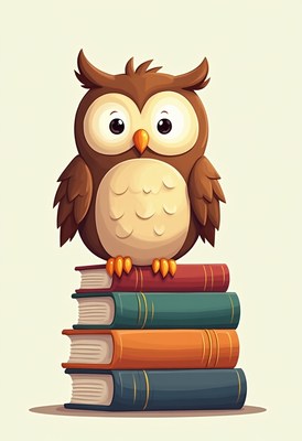 Owl perched on colorful stack of books in a cozy setting