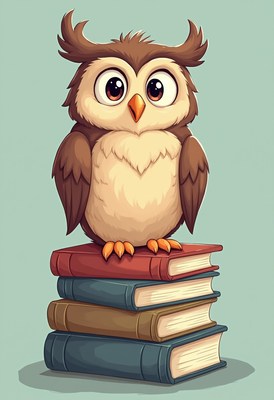 Cute owl perched on stacked books in illustration