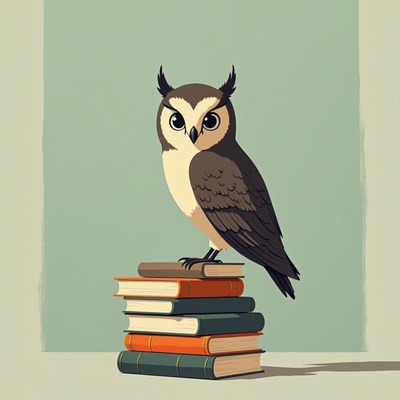 Owl stands on books in an artistic display