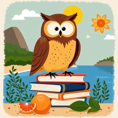 Owl perched on books with a sunny river view