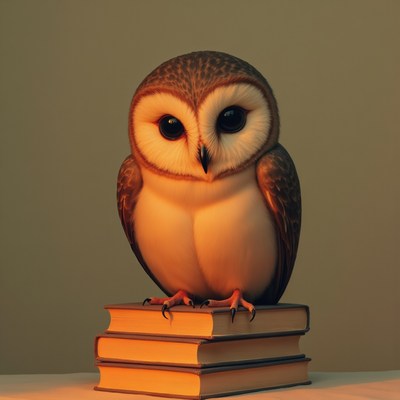 Owl perched on stack of books in warm light