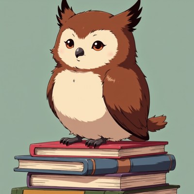 Owl character perched on colorful stacked books