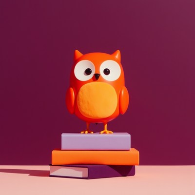 Owl figurine on books with purple background