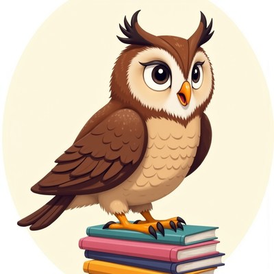 Cartoon owl character standing on a stack of books