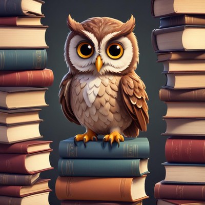 Owl sitting on stacks of books in a cozy setting