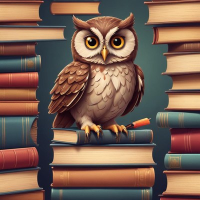 Owl perched on stacked books in a library setting