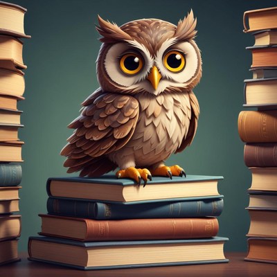 Owl sitting on books in a cozy library setting