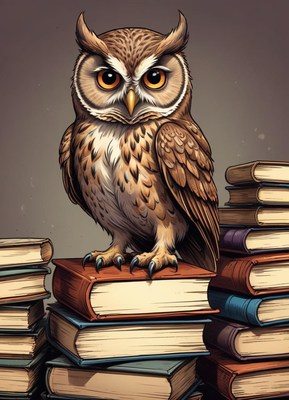 Owl perched on a stack of books in a cozy setting