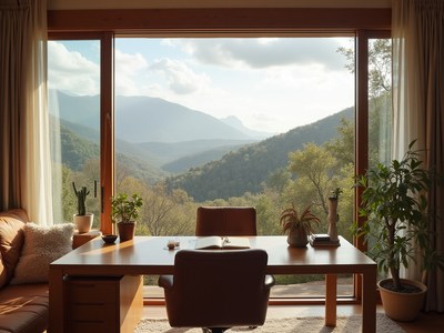 Serene workspace with mountain view during daylight