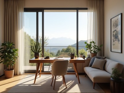 Bright and airy home office with mountain view