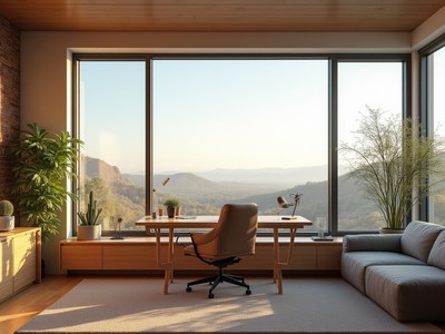 Modern workspace with mountain view at sunset