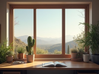 Serene mountain view from a cozy workspace with plants