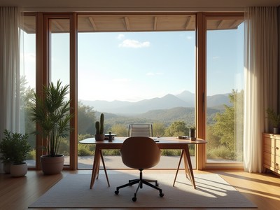 Modern workspace with mountain view in afternoon light