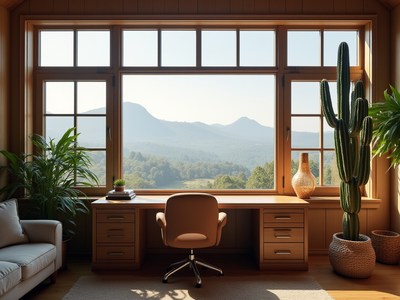 Cozy workspace with mountain view in a bright room
