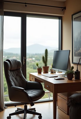 Cozy home office with view of mountains and greenery