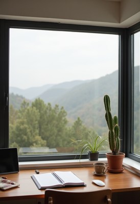 Cozy workspace with mountain view and plants