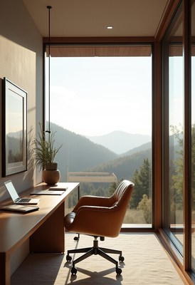Modern workspace with mountain view at golden hour