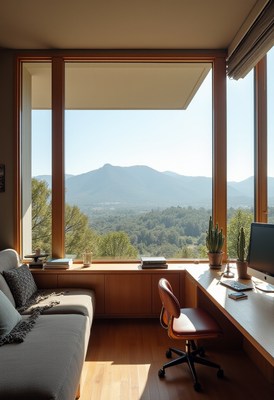 Cozy workspace with mountain view in serene setting