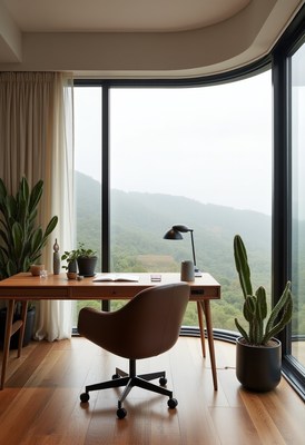 Modern workspace with scenic mountain view at dawn