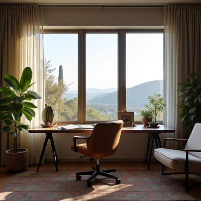 Cozy home office with mountain view in natural light