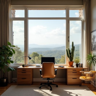 Cozy workspace with mountain view in sunny daylight