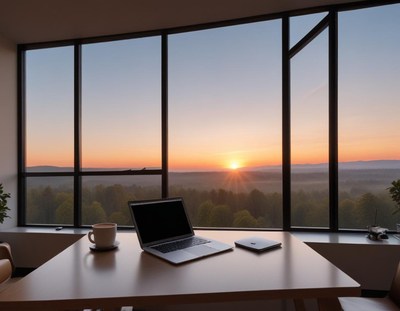 Workspace with sunset view in a modern office
