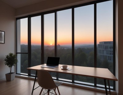 Sunrise view from a modern office with a peaceful ambiance
