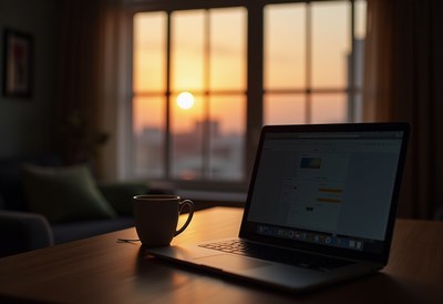 Sunset view from a workspace with coffee and laptop
