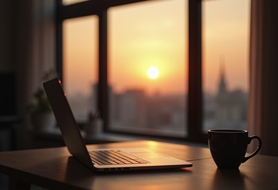 Sunset view with laptop and coffee cup in cozy workspace