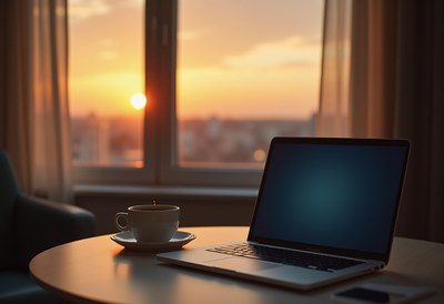 Working at sunset in a cozy room with a warm atmosphere