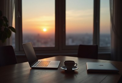 Sunset view from a workspace with coffee and laptop