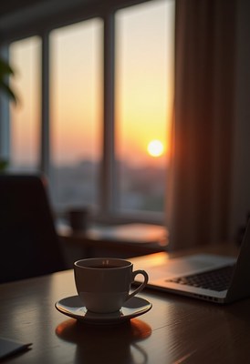 Enjoying coffee during a serene sunrise at home