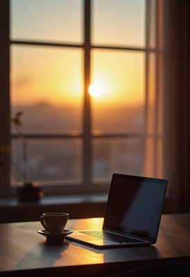 Workstation by the window during sunset