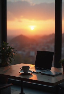 Sunset view from a workspace with laptop and coffee