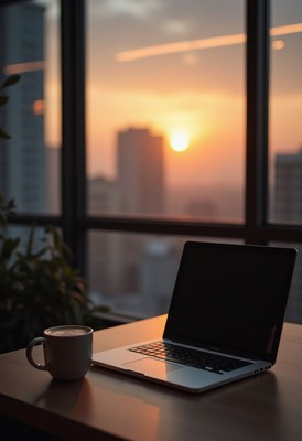 Sunset view from an office with a laptop and coffee