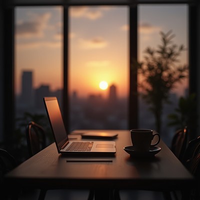 Workspace with laptop and coffee during sunset