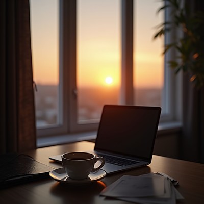 Morning sunrise view from a desk with coffee and laptop