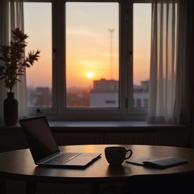 Sunset through a window with a laptop and coffee cup