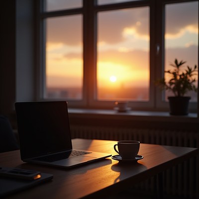 Workspace with coffee and sunset view in the evening
