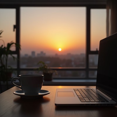 Working at sunrise with coffee by the window