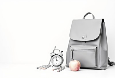 Gray backpack with school supplies and an apple