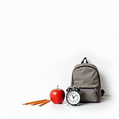 School supplies arranged with a red apple and clock