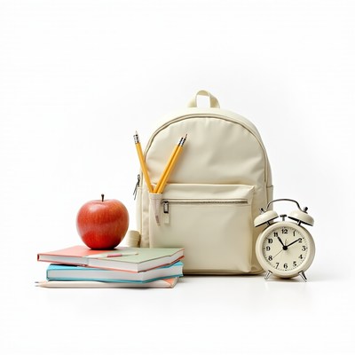 Backpack and school supplies arrange on a table