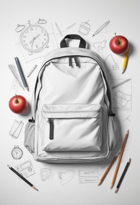 School backpack surrounded by stationery and apples
